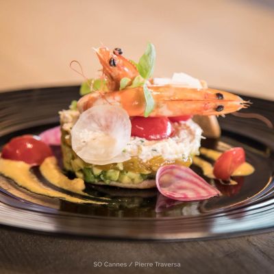 Crab and avocado millefeuille with yuzu and mango