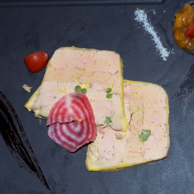 Foie gras with mango chutney and smoked salmon